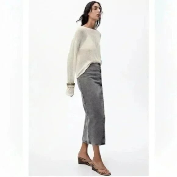 [⭐ PRICE FIRM] ZARA Denim Crossover Midi Skirt in Dark Gray Z1975 SMALL S - Picture 3 of 16